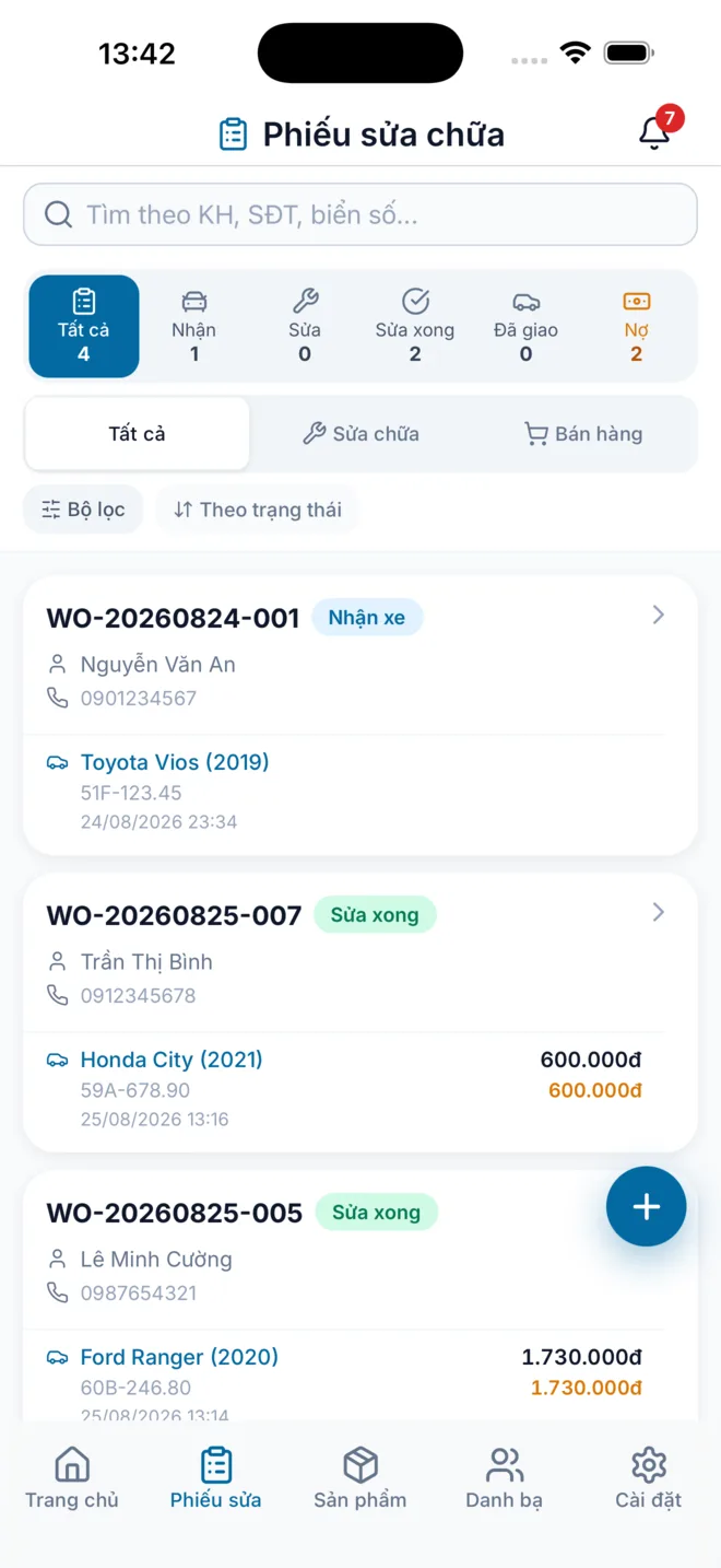 Danh sách phiếu, lọc theo trạng thái