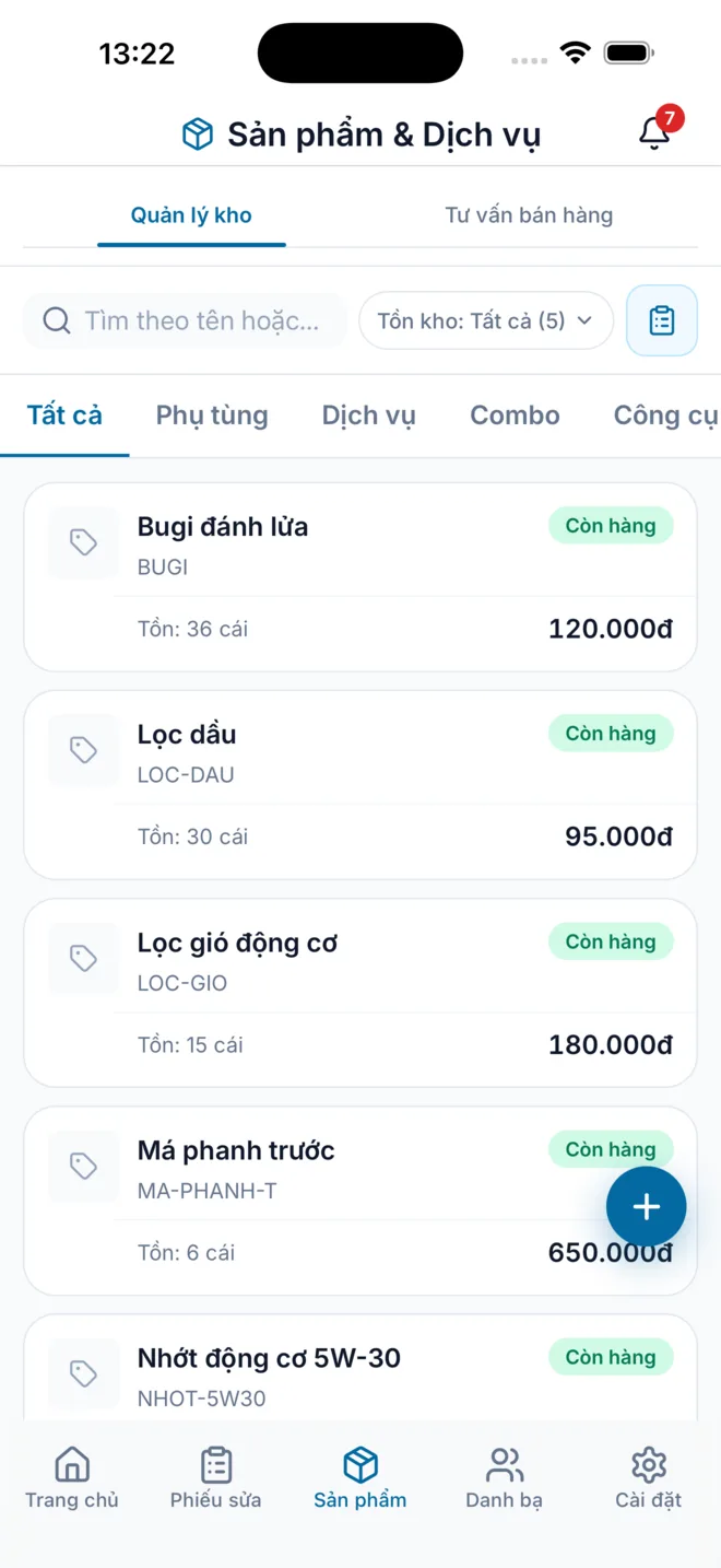 Kho phụ tùng và tồn hiện có