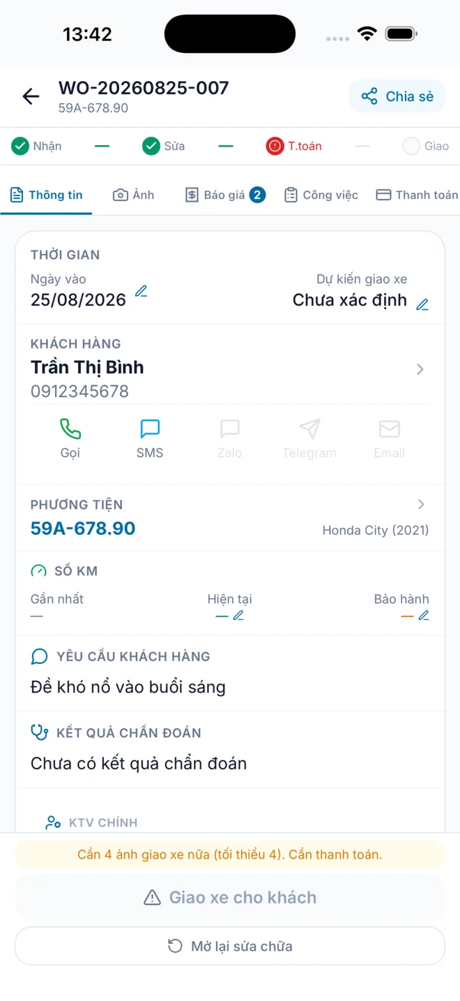 Chi tiết phiếu: khách, xe, số km, yêu cầu